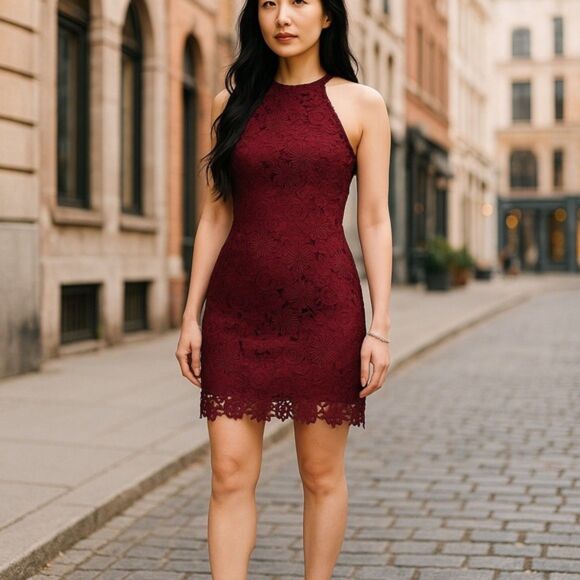 Lulus Love Poem Burgundy Lace Halter Mini Dress Size Small Valentine's Day Date - Picture 1 of 13